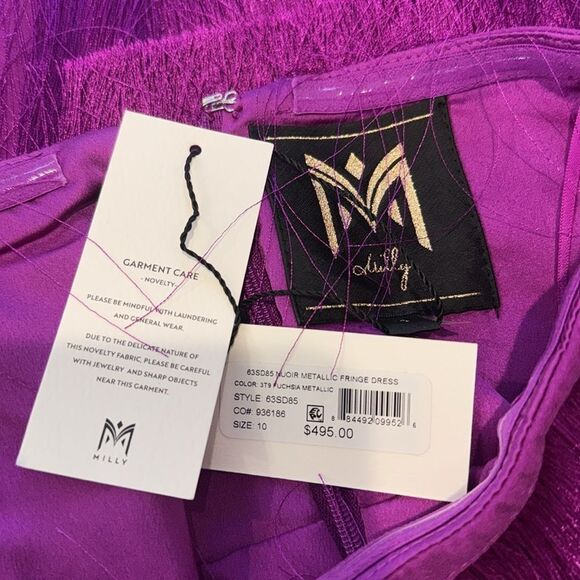 NWT Milly Nuoir Metallic Fringe Mini Dress Fuchsia Metallic Size 10 Great Gatsby - Picture 9 of 10